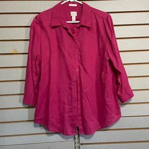 Chicos Magenta Pink No-Iron Linen Blend Button Down Shirt 3/4 Sleeve Size 2 L 12